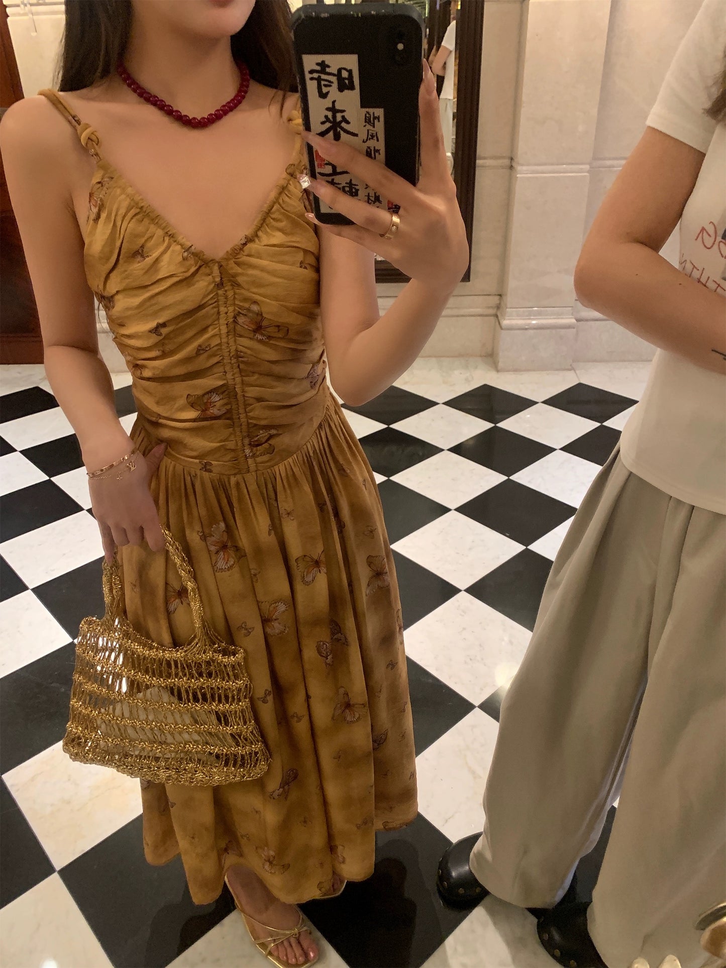 Summer Home Pure Desire Retro Butterfly Print Waist A-line Sling Dress Women's Sleeveless Pleated V-Neck Long Skirt