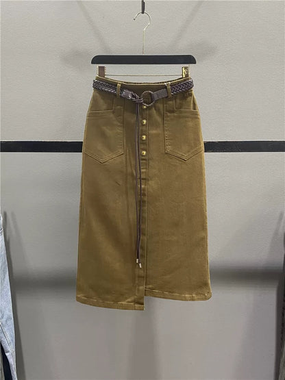 Irregular casual skirt for women 2025 autumn new single-breasted high waist slim mid-length slit hip skirt