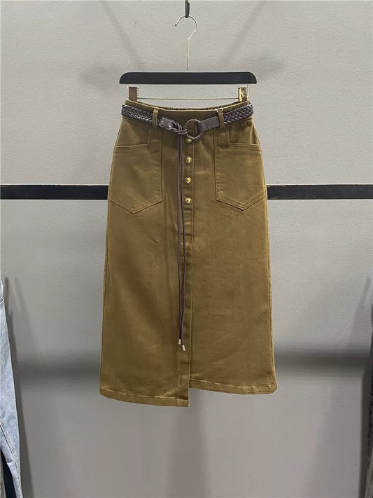 Irregular casual skirt for women 2025 autumn new single-breasted high waist slim mid-length slit hip skirt