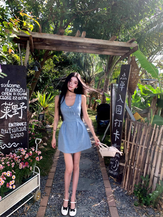 Barb Chill "Starfall" Floral Denim Dress for Women, Summer Vacation Outfit, Bow-Tie Vest Dress