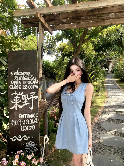 Barb Chill "Starfall" Floral Denim Dress for Women, Summer Vacation Outfit, Bow-Tie Vest Dress