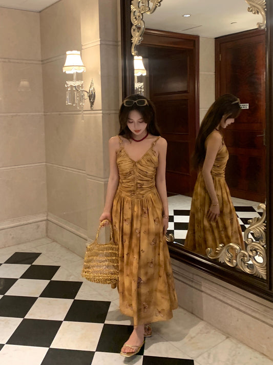 Summer Home Pure Desire Retro Butterfly Print Waist A-line Sling Dress Women's Sleeveless Pleated V-Neck Long Skirt