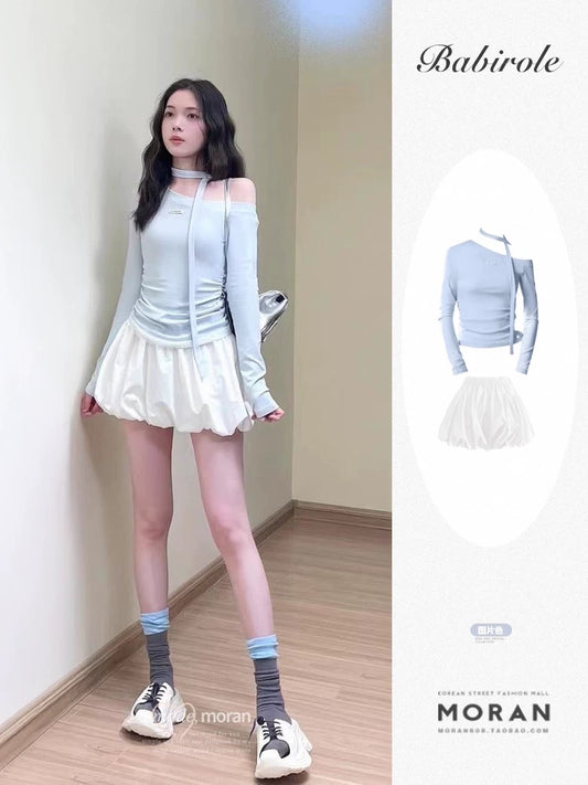 Dopamine street wear a complete set of oblique collar off-shoulder blue top flower bud short skirt small unique suit female