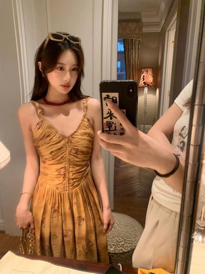 Summer Home Pure Desire Retro Butterfly Print Waist A-line Sling Dress Women's Sleeveless Pleated V-Neck Long Skirt