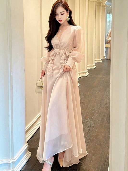 Miss Dong's high-end customized autumn clothing for women, 2024 new Korean style atmosphere wear silk flower dress