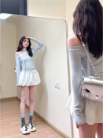 Dopamine street wear a complete set of oblique collar off-shoulder blue top flower bud short skirt small unique suit female