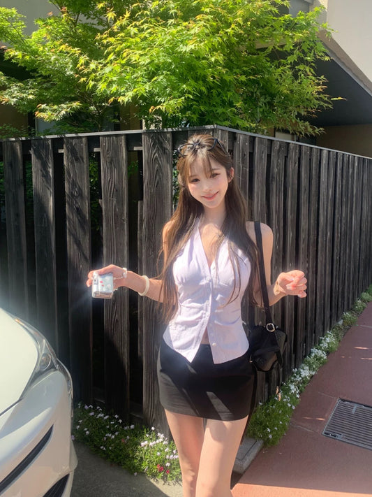 JMSHOP Yamanashi Holiday Pure Desire Sleeveless Lapel Halter Shirt Women's Summer Slim Low Waist Skirt Suit
