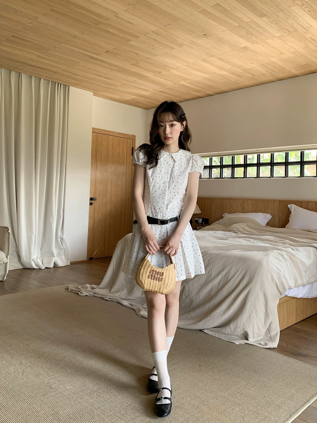 Hello Canon Puff Sleeve Waist I-pleat Dress Women's Summer 2024 New Lapel Temperament A-Line Skirt