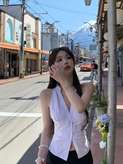 JMSHOP Yamanashi Holiday Pure Desire Sleeveless Lapel Halter Shirt Women's Summer Slim Low Waist Skirt Suit