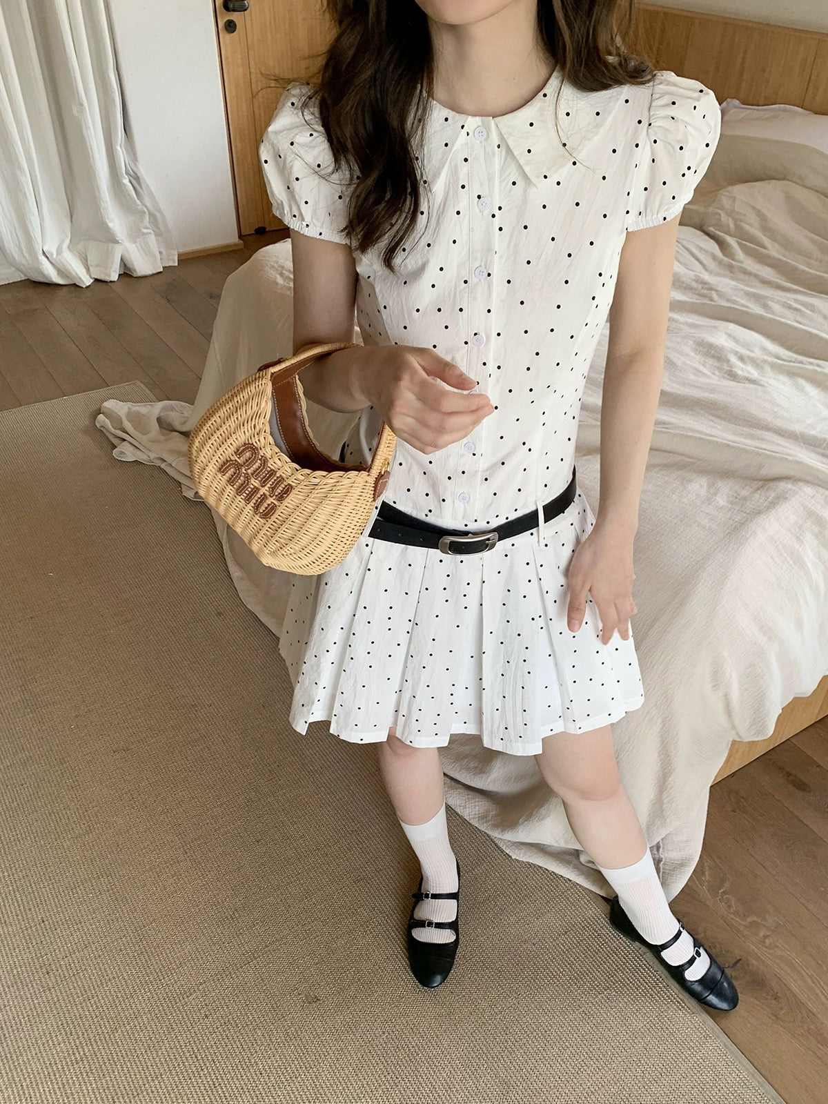 Hello Canon Puff Sleeve Waist I-pleat Dress Women's Summer 2024 New Lapel Temperament A-Line Skirt