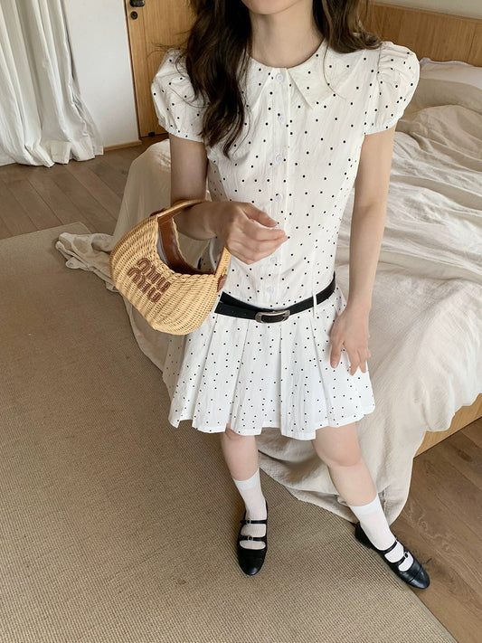 Hello Canon Puff Sleeve Waist I-pleat Dress Women's Summer 2024 New Lapel Temperament A-Line Skirt