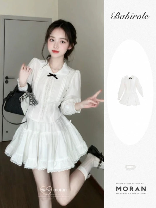 French retro doll collar white long-sleeved shirt ballet style A-line skirt suit early spring outfit a complete set