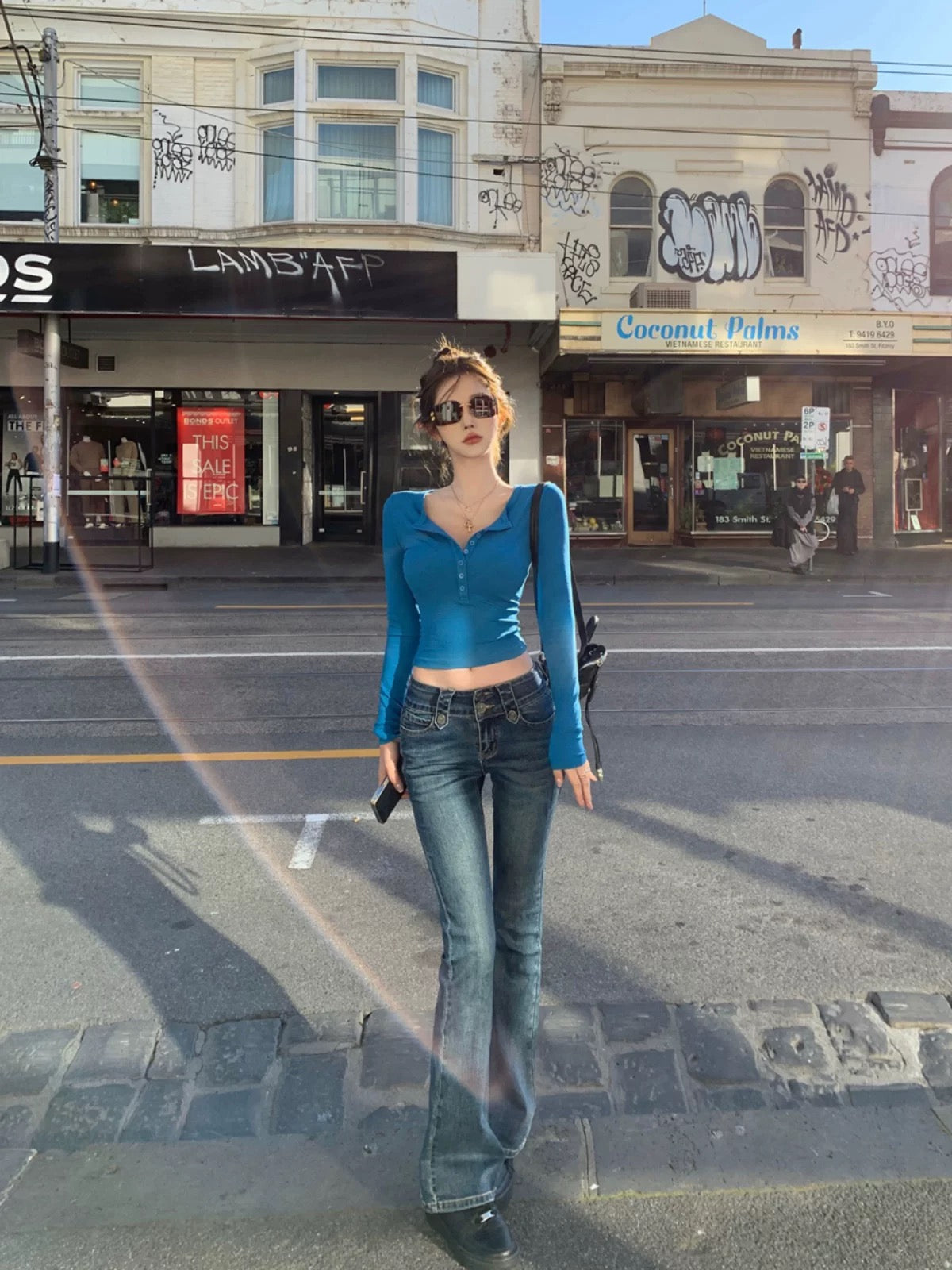 JMSHOP long-leg proportion-killing low-waisted micro-flared pants, versatile and slimming, autumn new elastic slim jeans for women