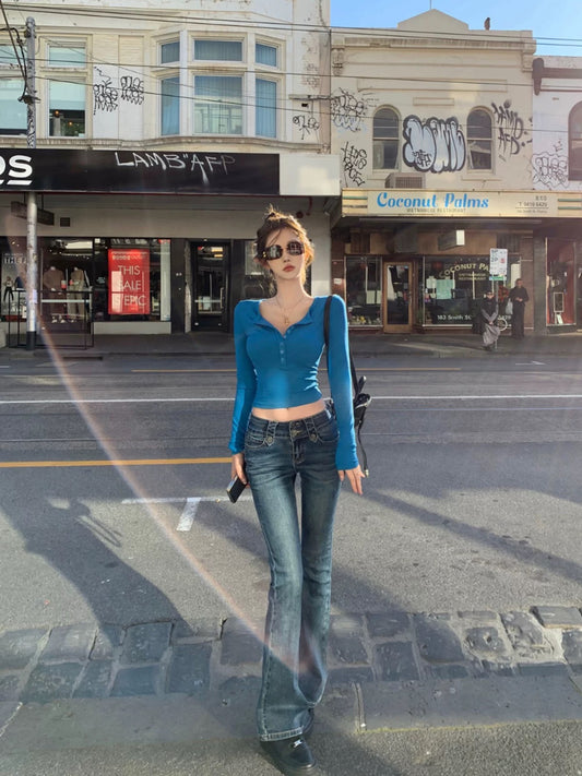 JMSHOP long-leg proportion-killing low-waisted micro-flared pants, versatile and slimming, autumn new elastic slim jeans for women