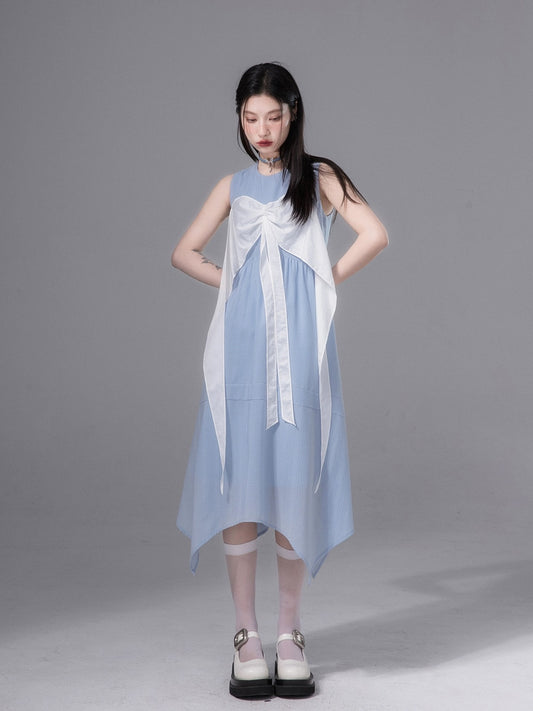 COTRE Clear Sky Blue Summer Light Contrast Color Sleeveless Irregular Hem Dress