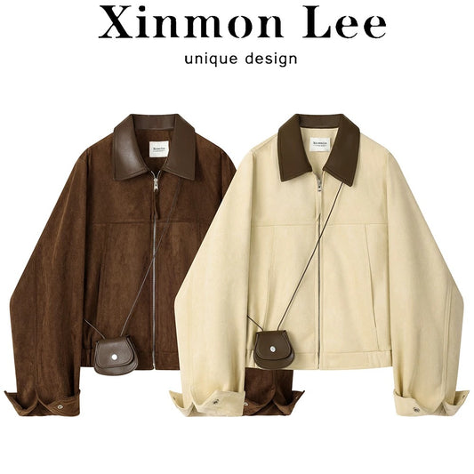 XinmonLee's new design lapel deerskin retro coat for early autumn, loose and versatile short jacket
