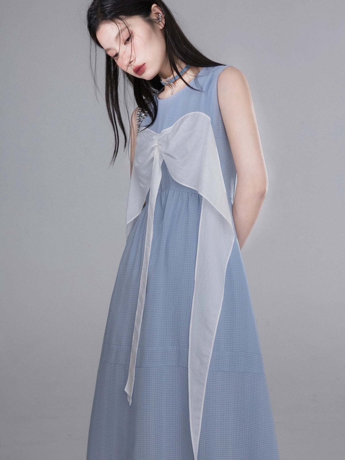 COTRE Clear Sky Blue Summer Light Contrast Color Sleeveless Irregular Hem Dress