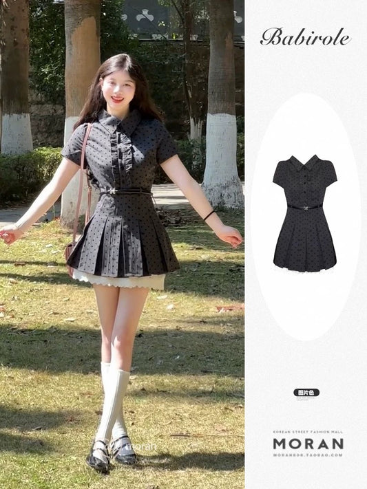 French retro fake two-piece polka dot short-sleeved dress beautiful summer college style waist A-line short skirt for petite