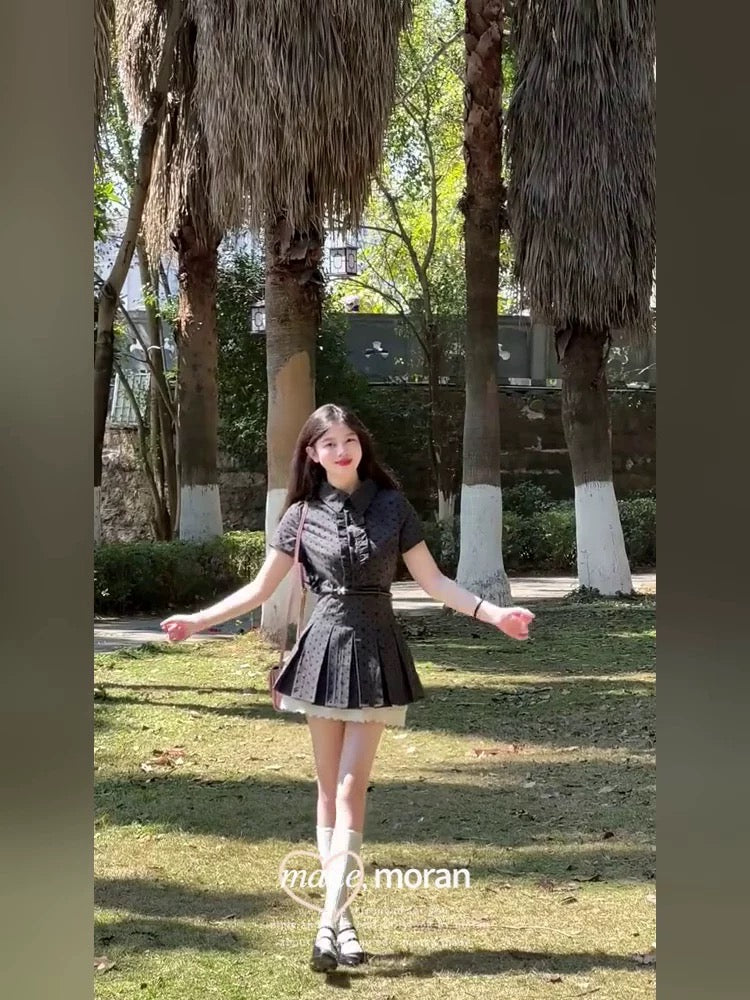 French retro fake two-piece polka dot short-sleeved dress beautiful summer college style waist A-line short skirt for petite