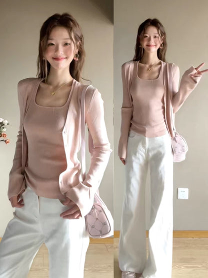 Korean-style relaxed-fit, slim-cut knit cardigan with flared sleeves, paired with a square-neck, figure-flattering camisole — 2026 early spring new arrival for women.