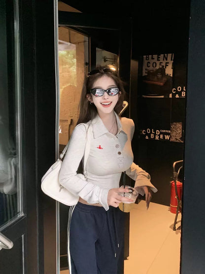JMSHOP Hot Girl Penny polo collar slim fit t-shirt women's design autumn long-sleeved inner embroidered top