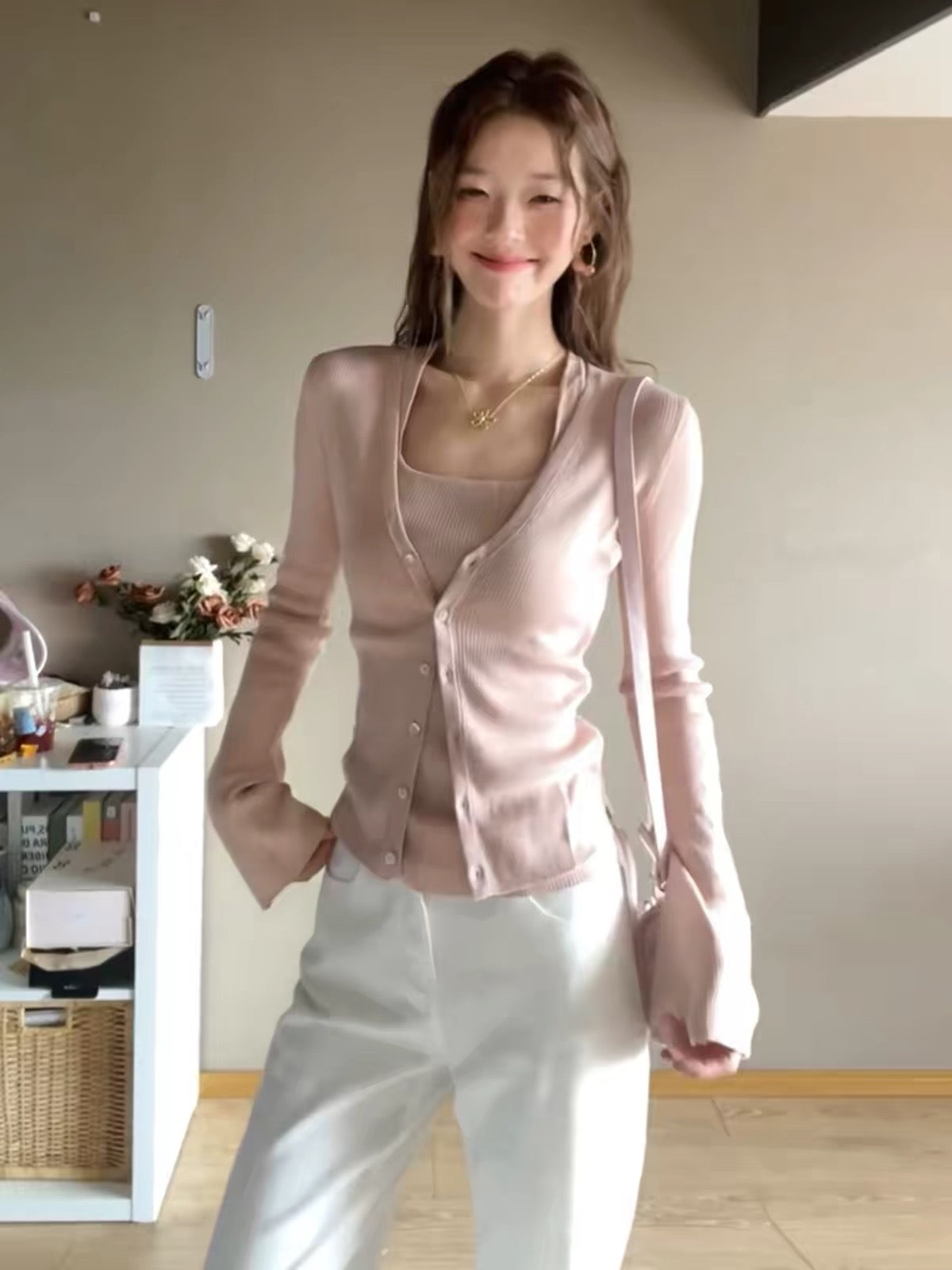 Korean-style relaxed-fit, slim-cut knit cardigan with flared sleeves, paired with a square-neck, figure-flattering camisole — 2026 early spring new arrival for women.