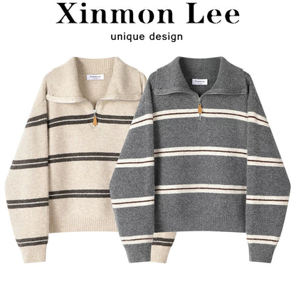 XinmonLee Korean lazy style retro striped contrast color half zipper lapel soft waxy sweater temperament casual women