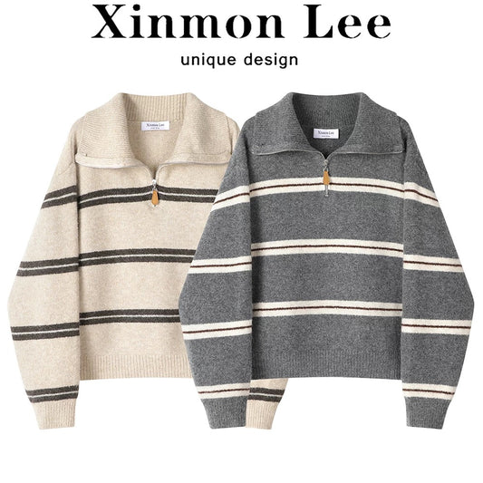 XinmonLee Korean lazy style retro striped contrast color half zipper lapel soft waxy sweater temperament casual women