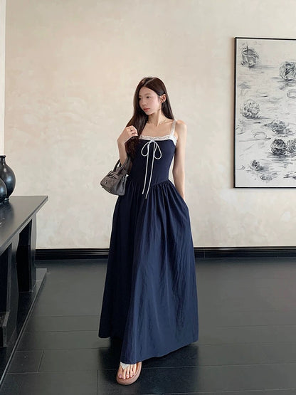 Dress design niche lace splicing strappy suspender skirt female summer chic waist slimming A-line long skirt