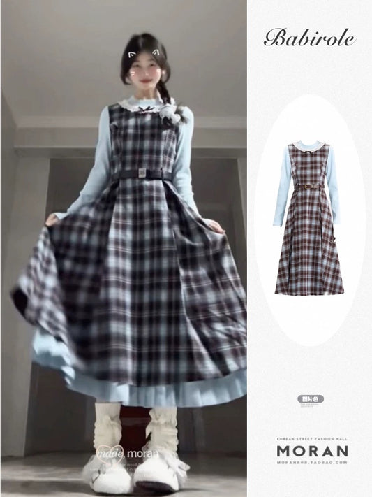 French retro college style fake two-piece knitted stitching plaid long skirt 2025 spring new small dress