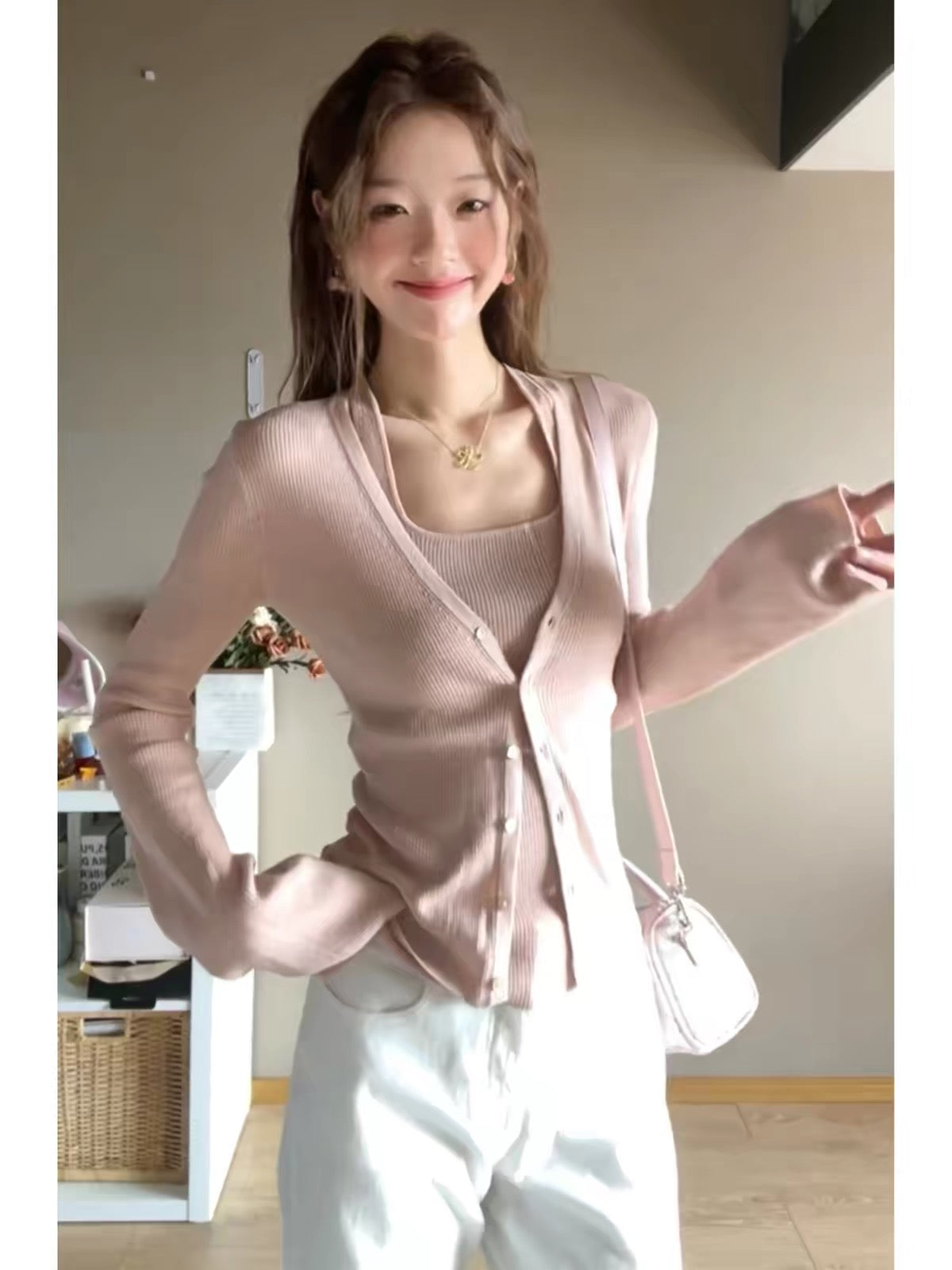 Korean-style relaxed-fit, slim-cut knit cardigan with flared sleeves, paired with a square-neck, figure-flattering camisole — 2026 early spring new arrival for women.