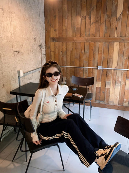 JMSHOP Hot Girl Penny polo collar slim fit t-shirt women's design autumn long-sleeved inner embroidered top