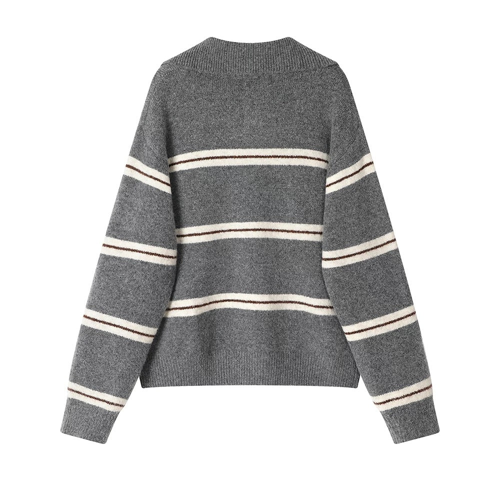 XinmonLee Korean lazy style retro striped contrast color half zipper lapel soft waxy sweater temperament casual women