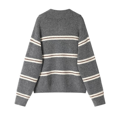 XinmonLee Korean lazy style retro striped contrast color half zipper lapel soft waxy sweater temperament casual women