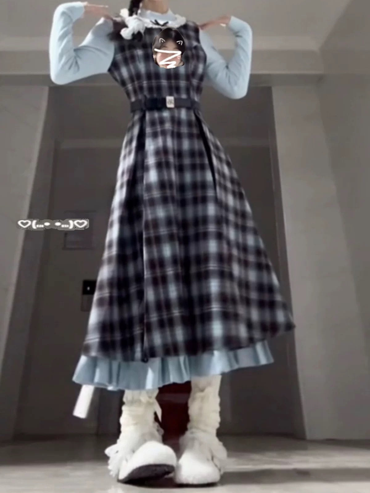 French retro college style fake two-piece knitted stitching plaid long skirt 2025 spring new small dress