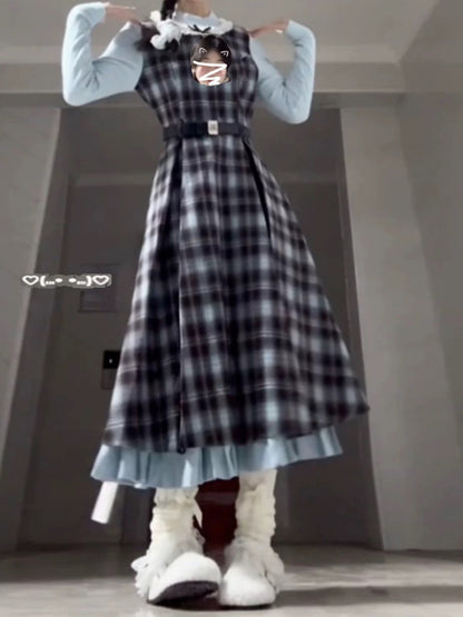 French retro college style fake two-piece knitted stitching plaid long skirt 2025 spring new small dress