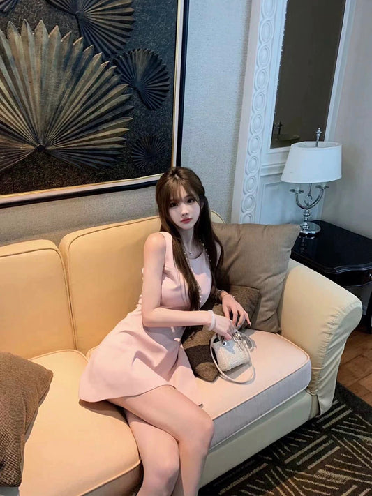 JMSHOP Tears Queen Sleeveless Dress Women's Summer Design Waist High-Quality Pink Elegant Skirt