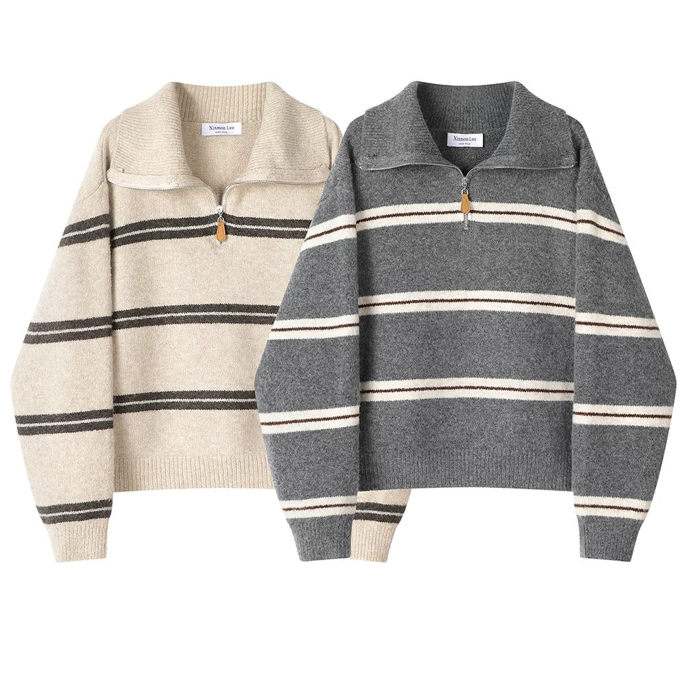 XinmonLee Korean lazy style retro striped contrast color half zipper lapel soft waxy sweater temperament casual women