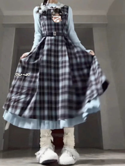 French retro college style fake two-piece knitted stitching plaid long skirt 2025 spring new small dress