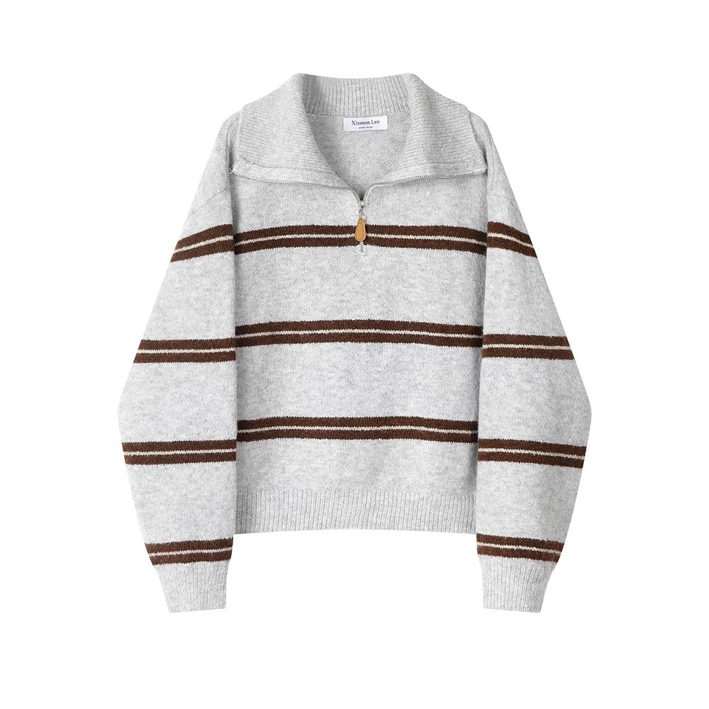 XinmonLee Korean lazy style retro striped contrast color half zipper lapel soft waxy sweater temperament casual women