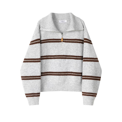 XinmonLee Korean lazy style retro striped contrast color half zipper lapel soft waxy sweater temperament casual women