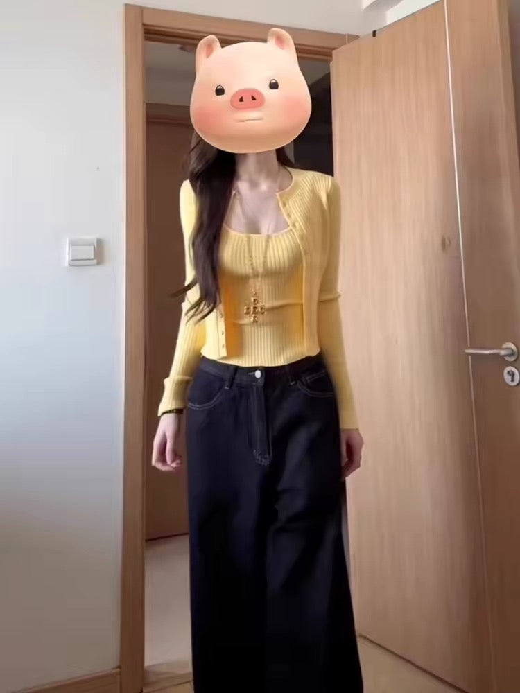 Early Spring Laid-back Style: Yellow Knitted Cardigan and Camisole Two-Piece Set – 2026 New Collection, Cropped Knit Top/Sweater Jacket