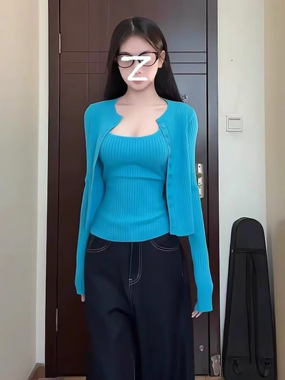 Early Spring Laid-back Style: Yellow Knitted Cardigan and Camisole Two-Piece Set – 2026 New Collection, Cropped Knit Top/Sweater Jacket