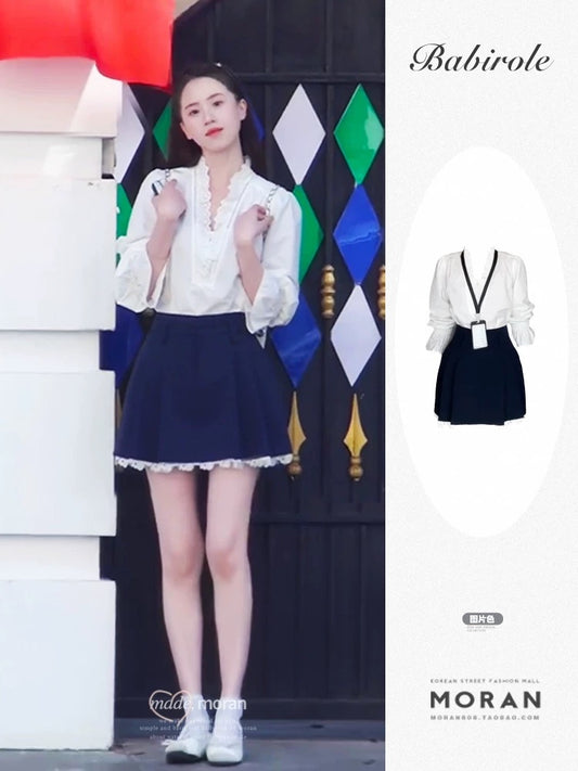 A complete set of Korean style temperament and high-end V-neck design for a niche white shirt and short skirt two-piece suit