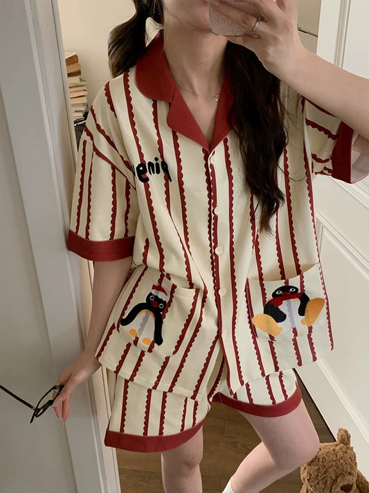 Pure cotton pajamas for women in summer, short sleeves, contrasting stripes, cute penguin embroidery, loose and wearable as home clothes set