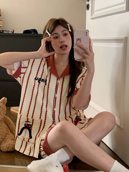 Pure cotton pajamas for women in summer, short sleeves, contrasting stripes, cute penguin embroidery, loose and wearable as home clothes set
