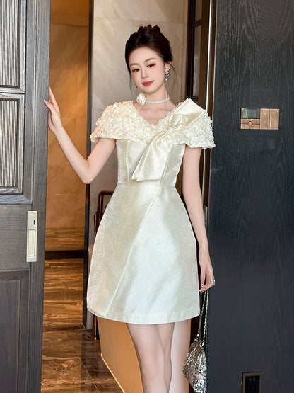European station rich daughter small dress dress female summer short-sleeved bow waist a-line celebrity dress skirt