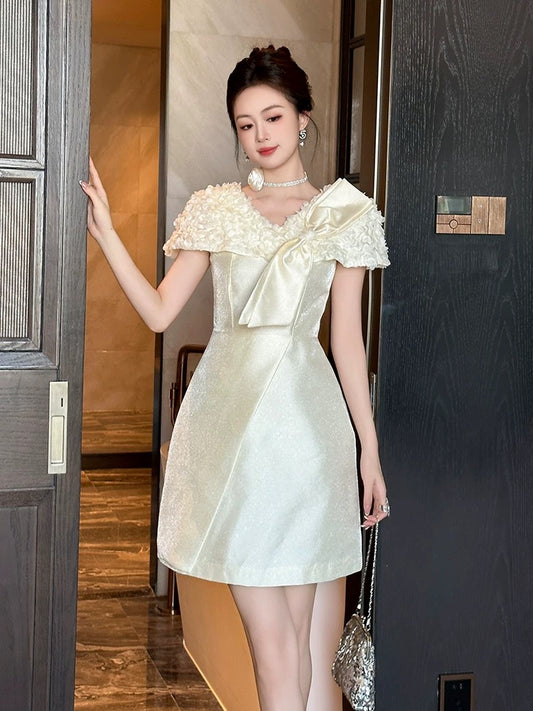 European station rich daughter small dress dress female summer short-sleeved bow waist a-line celebrity dress skirt