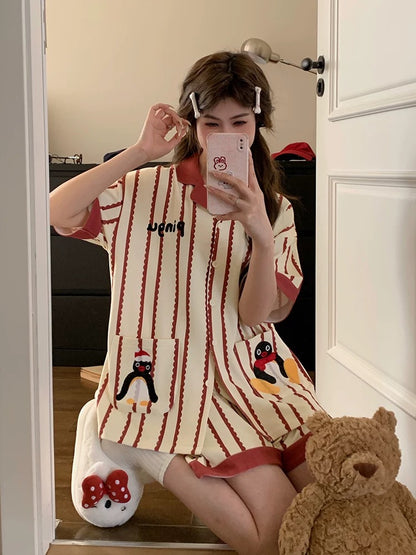 Pure cotton pajamas for women in summer, short sleeves, contrasting stripes, cute penguin embroidery, loose and wearable as home clothes set