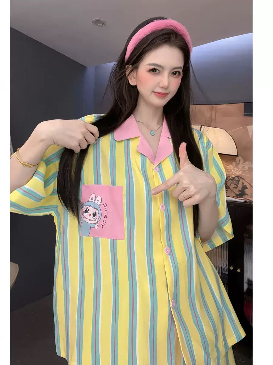 [Hello Bubu] Cloud cotton loose cartoon color striped short-sleeved pajamas with small lapel summer thin home clothes